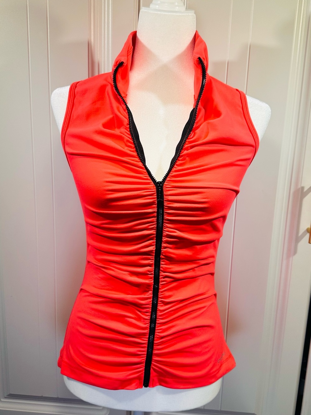 bebe Coral Red Ruched Zip-Front Swim Tank